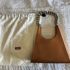 STAUD Ray Tan Shoulder Bag with Silver Chain